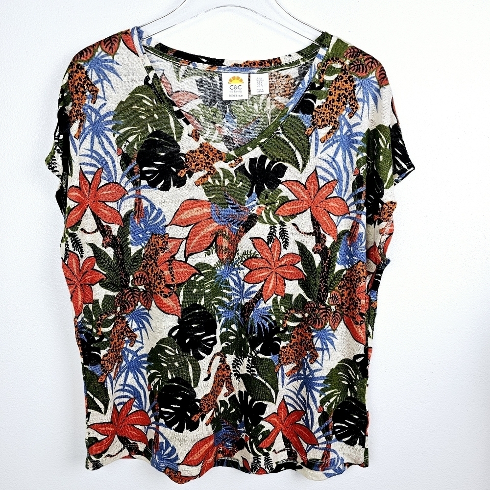 C&C California Linen Tropical Palm Cheetah Tiger Shirt NWT